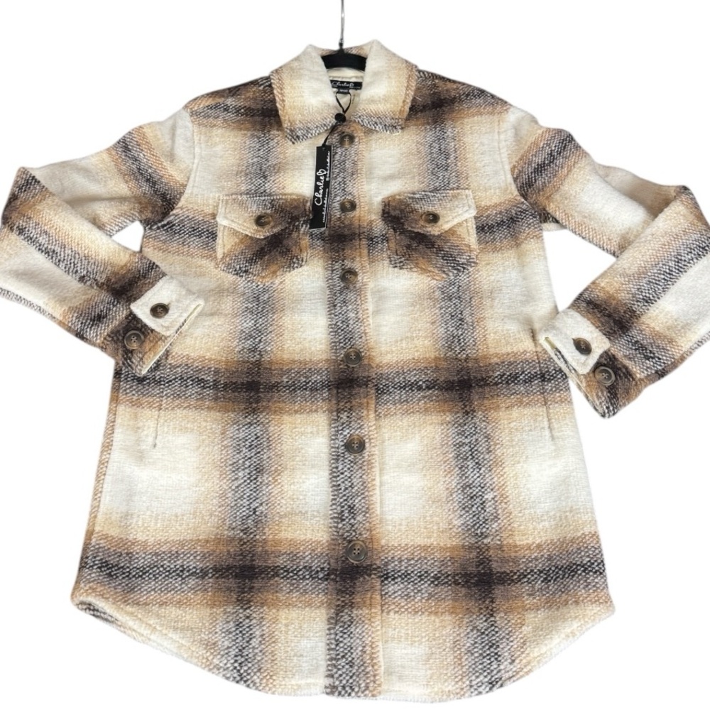 Charlie B Women’s Beige & Brown Plaid Boiled Wool Shirt Jacket Shacket NWT
